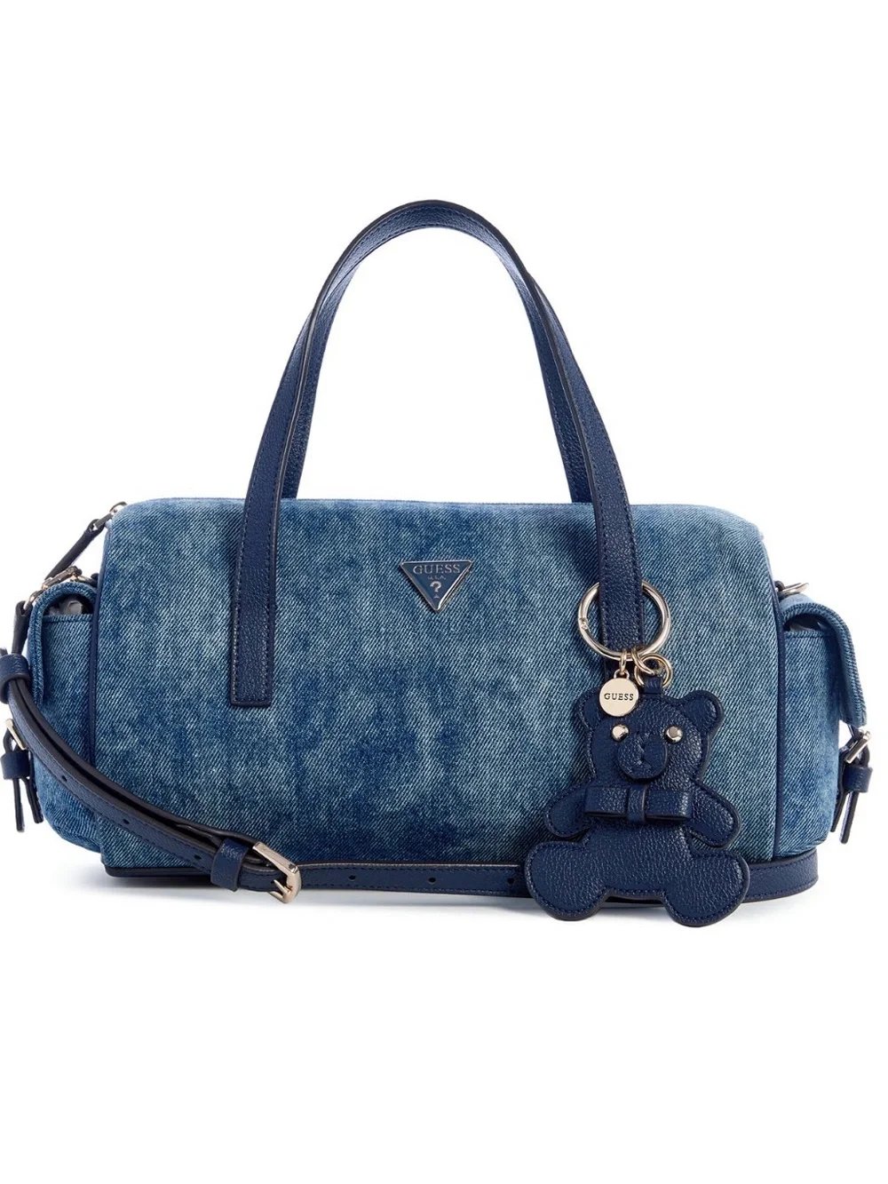 GUESS Navy Denim Barrel Satchel with Teddy Charm